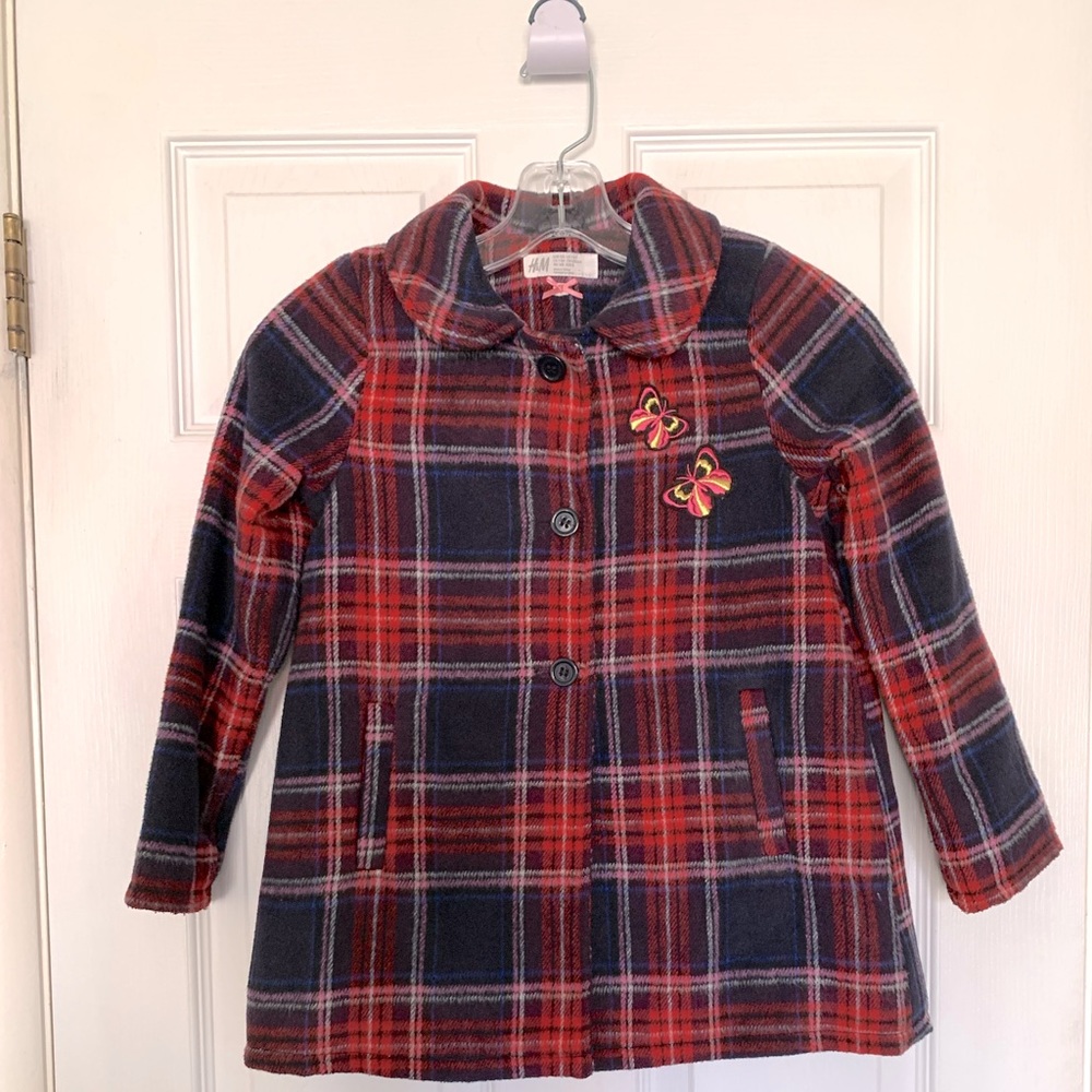 Girls Red Plaid Coat Kids 7-8. Buttons & Pockets. Gently Used